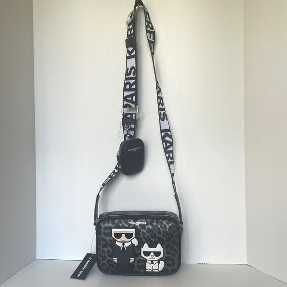 Karl Lagerfeld Maybelle Crossbody Black Ikons Leopard Airpods Coin Case - Picture 5 of 13
